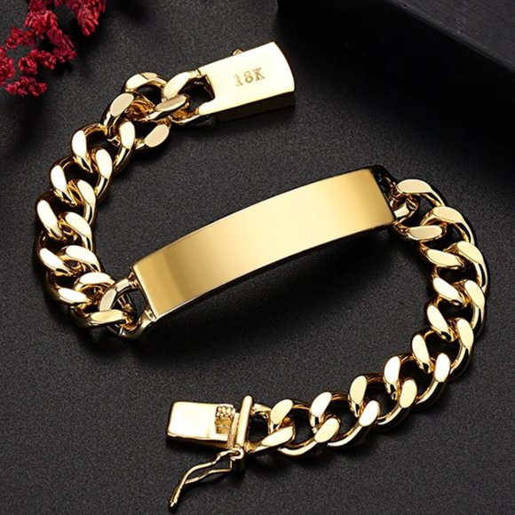 Awesome Men's Large I.D Style Bracelet Stamped 18k Gold - Picture 2 of 3